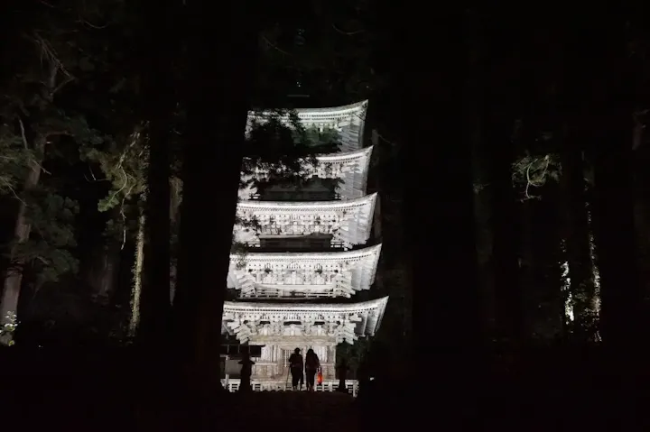 五重塔に多彩な色が投影されるライトアップ